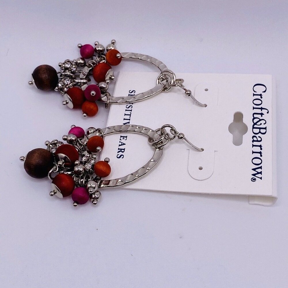 Croft & Barrow Pink Brown Silvertone Bead Hoop Earrings New - Picture 3 of 4